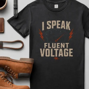 I Speak Fluent Voltage T-Shirt — Electrician & Electronics Tech Gift — graphite t-shirt, flat-lay product photo | Pressure Tested Co