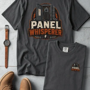 Funny Electrician Tee - "Panel Whisperer" Electrical Worker T-Shirt — graphite t-shirt, flat-lay product photo | Pressure Tested Co