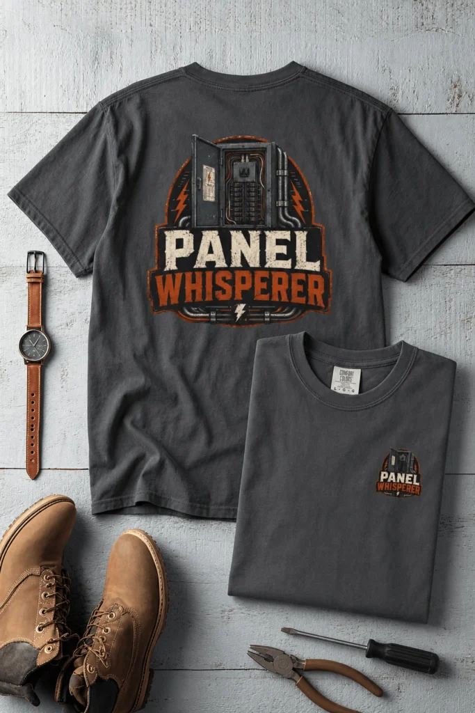 Funny Electrician Tee - "Panel Whisperer" Electrical Worker T-Shirt — graphite t-shirt, flat-lay product photo | Pressure Tested Co