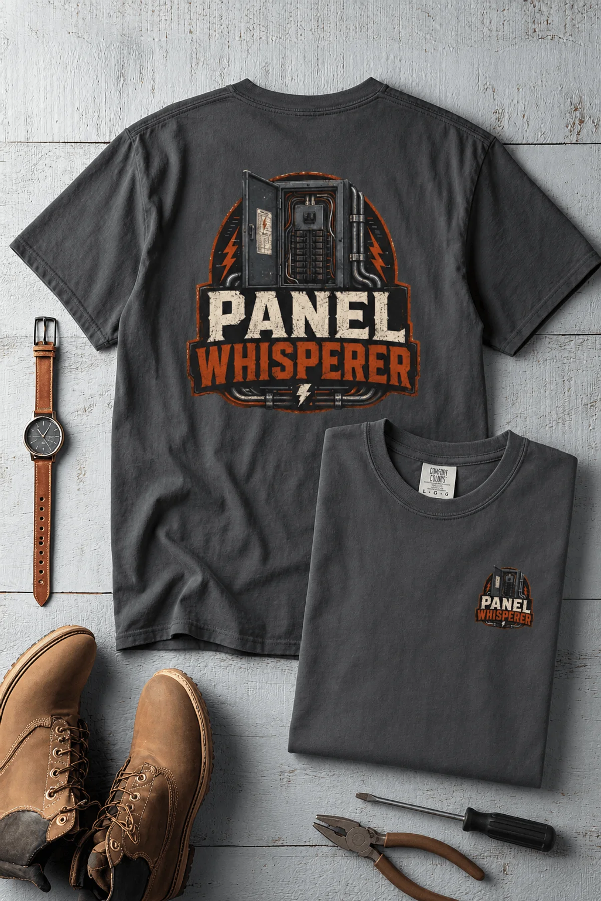 Funny Electrician Tee - "Panel Whisperer" Electrical Worker T-Shirt — graphite t-shirt, flat-lay product photo | Pressure Tested Co