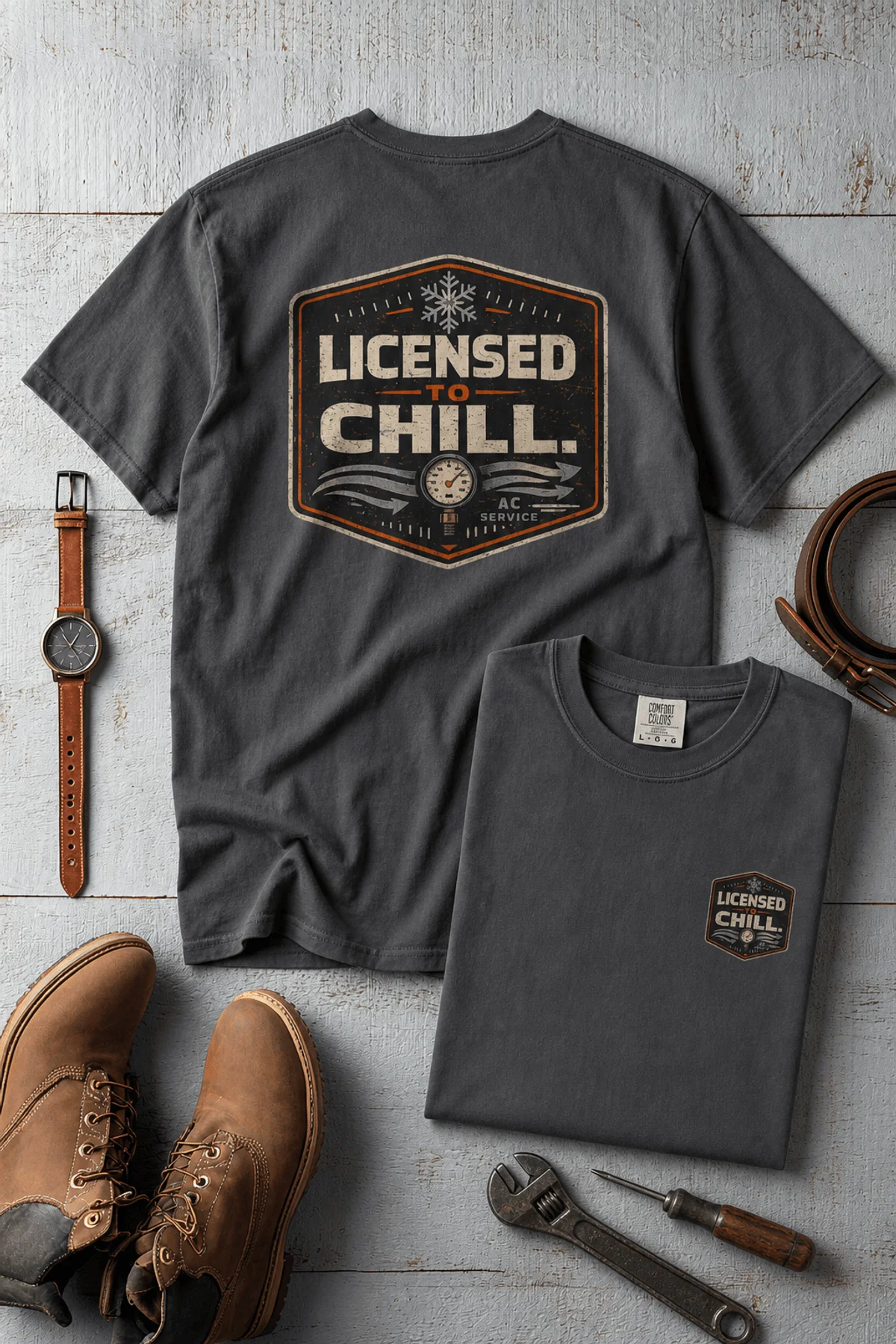 Funny HVAC Tee - "Licensed To Chill" HVAC Technician T-Shirt — graphite t-shirt, flat-lay product photo | Pressure Tested Co