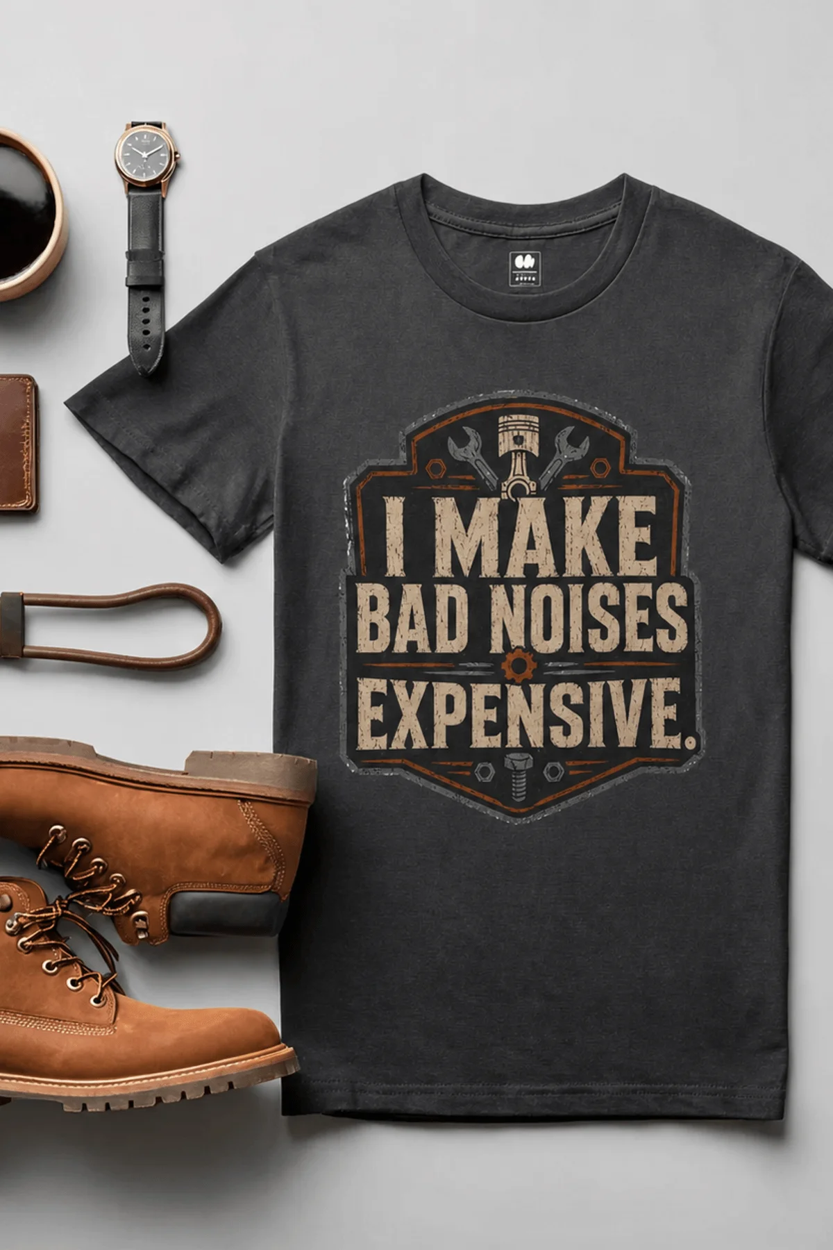 Funny Mechanic Tee - "I Make Bad Noises Expensive" Technician Worker/ Mechanic / Gearhead Tee — graphite t-shirt, flat-lay product photo | Pressure Tested Co