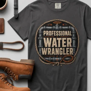 Funny Plumber Tee - "Professional Water Wrangler" Rustic Rope Graphic T-Shirt — graphite t-shirt, flat-lay product photo | Pressure Tested Co
