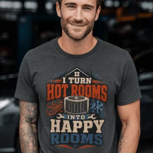 HVAC Technician T-Shirt — "I Turn Hot Rooms Into Happy Rooms" Vintage HVAC Shirt — graphite t-shirt, model photo | Pressure Tested Co