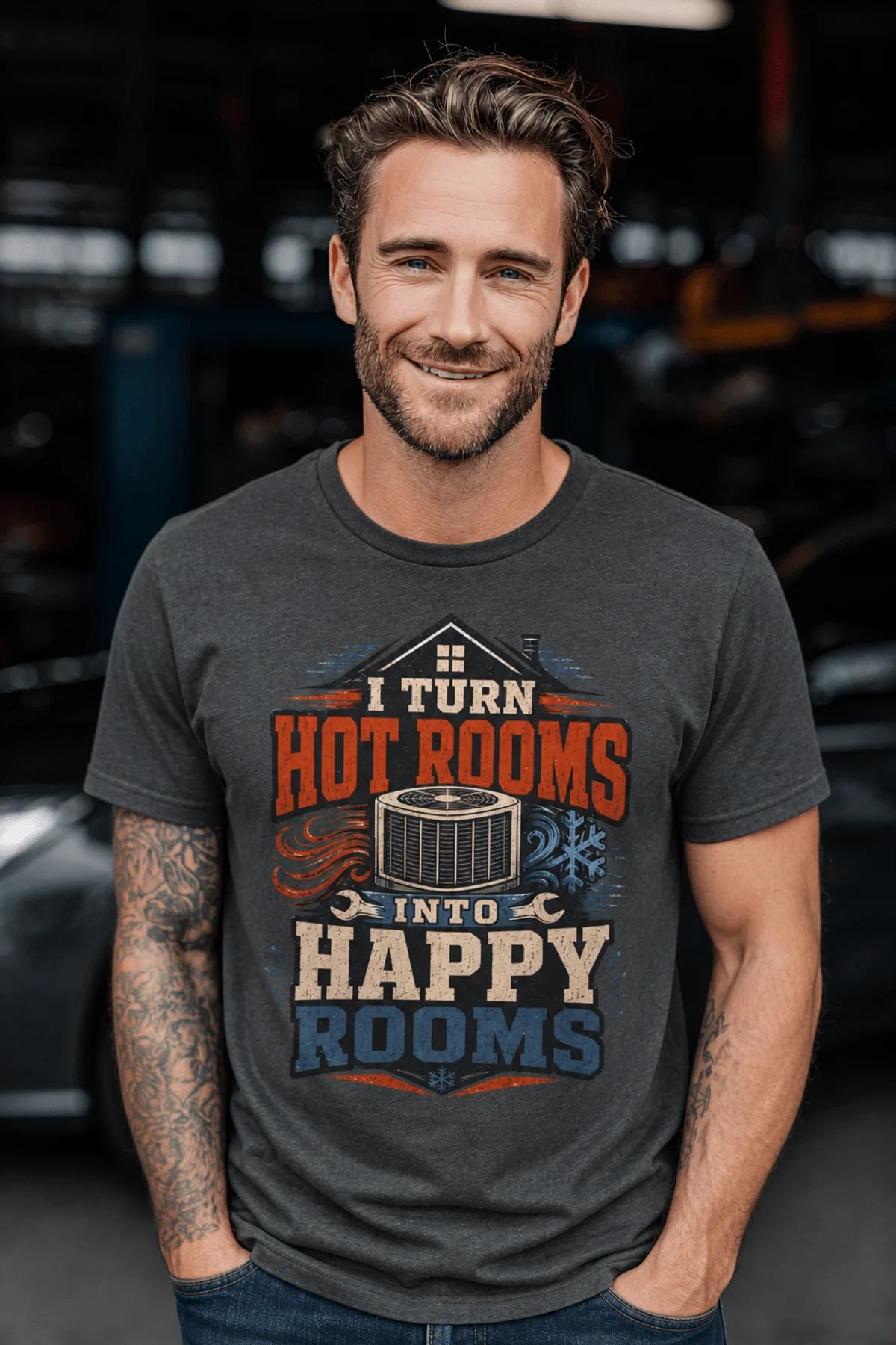 HVAC Technician T-Shirt — "I Turn Hot Rooms Into Happy Rooms" Vintage HVAC Shirt — graphite — Model HVAC Technician T-Shirt — "I Turn Hot Rooms Into Happy Rooms" Vintage HVAC Shirt — graphite t-shirt, model photo | Pressure Tested Co