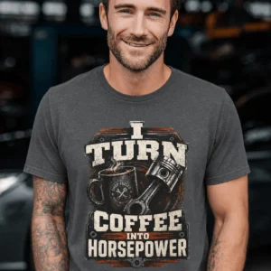 Mechanic Technician T-Shirt — "I Turn Coffee Into Horsepower" Vintage Work Shirt — graphite t-shirt, model photo | Pressure Tested Co