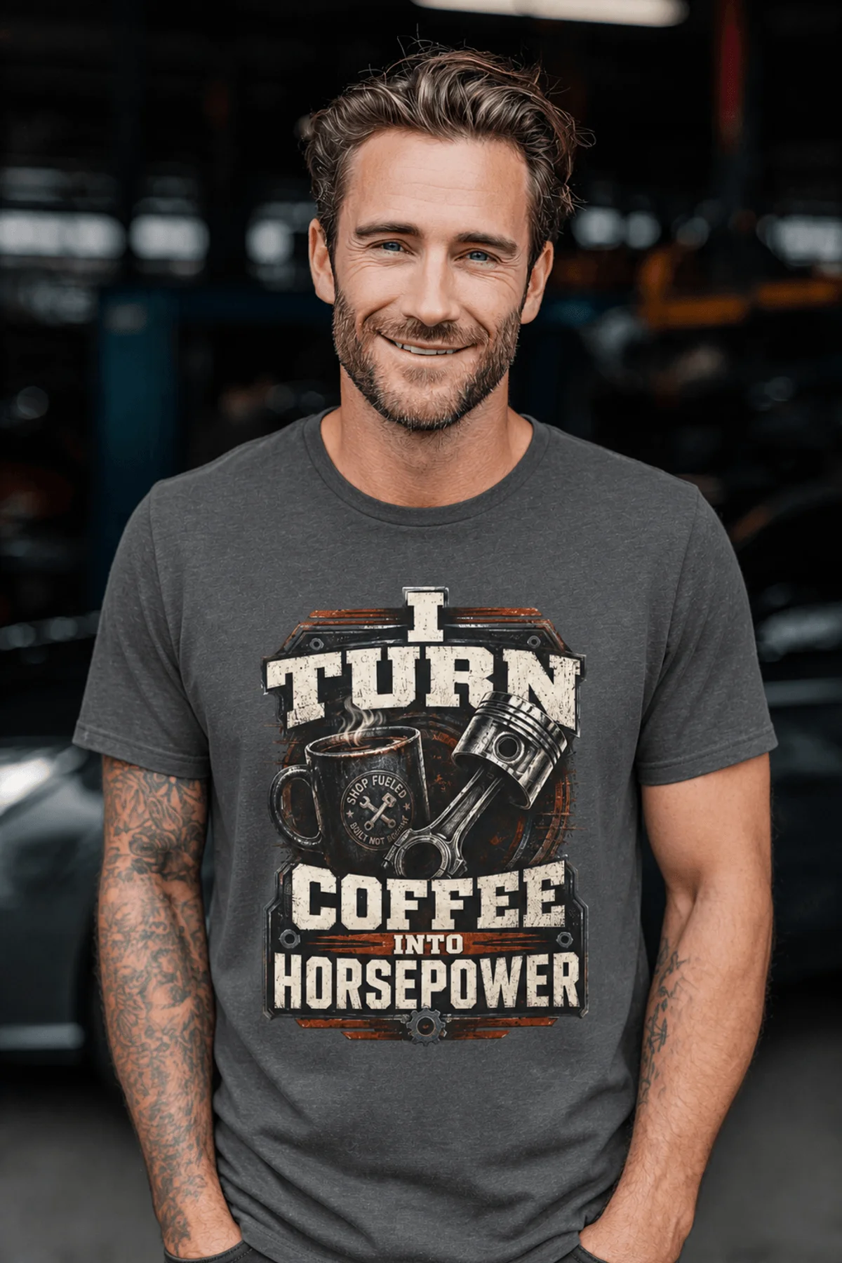 Mechanic Technician T-Shirt — "I Turn Coffee Into Horsepower" Vintage Work Shirt — graphite — Model Mechanic Technician T-Shirt — "I Turn Coffee Into Horsepower" Vintage Work Shirt — graphite t-shirt, model photo | Pressure Tested Co