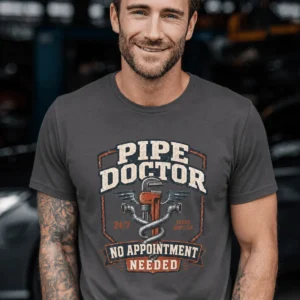 Plumber T-Shirt — "Pipe Doctor. No Appointment Needed" Vintage Work Shirt — graphite t-shirt, model photo | Pressure Tested Co