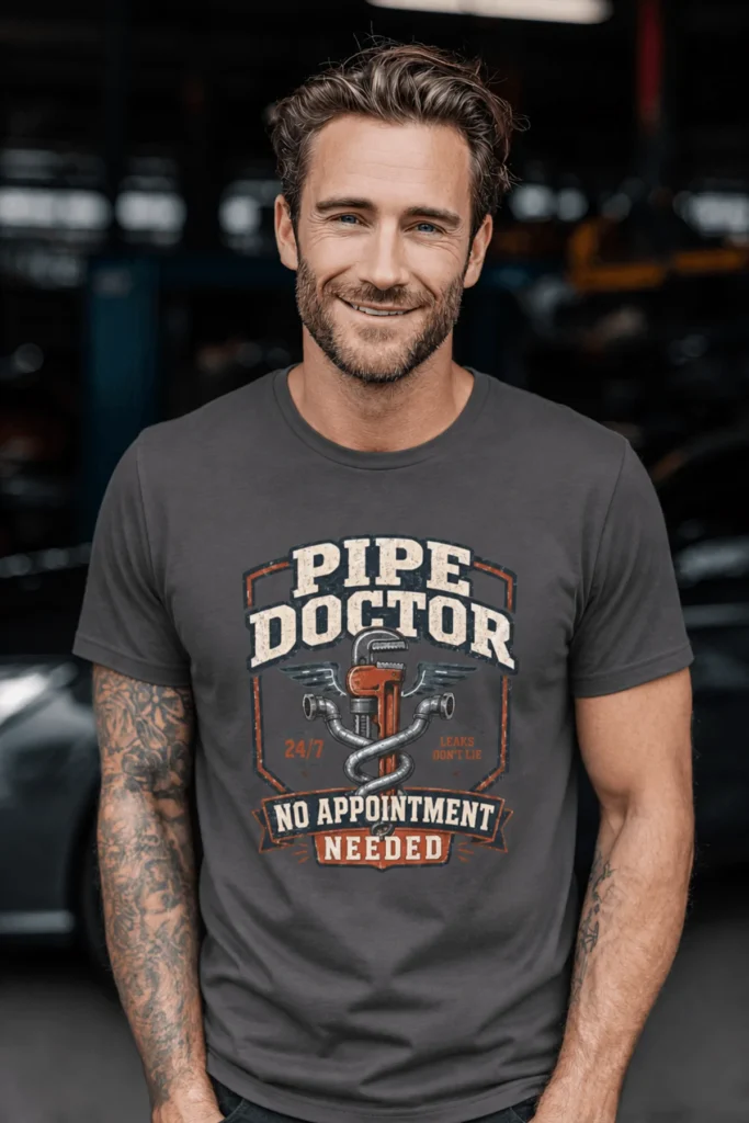Plumber T-Shirt — "Pipe Doctor. No Appointment Needed" Vintage Work Shirt — graphite t-shirt, model photo | Pressure Tested Co
