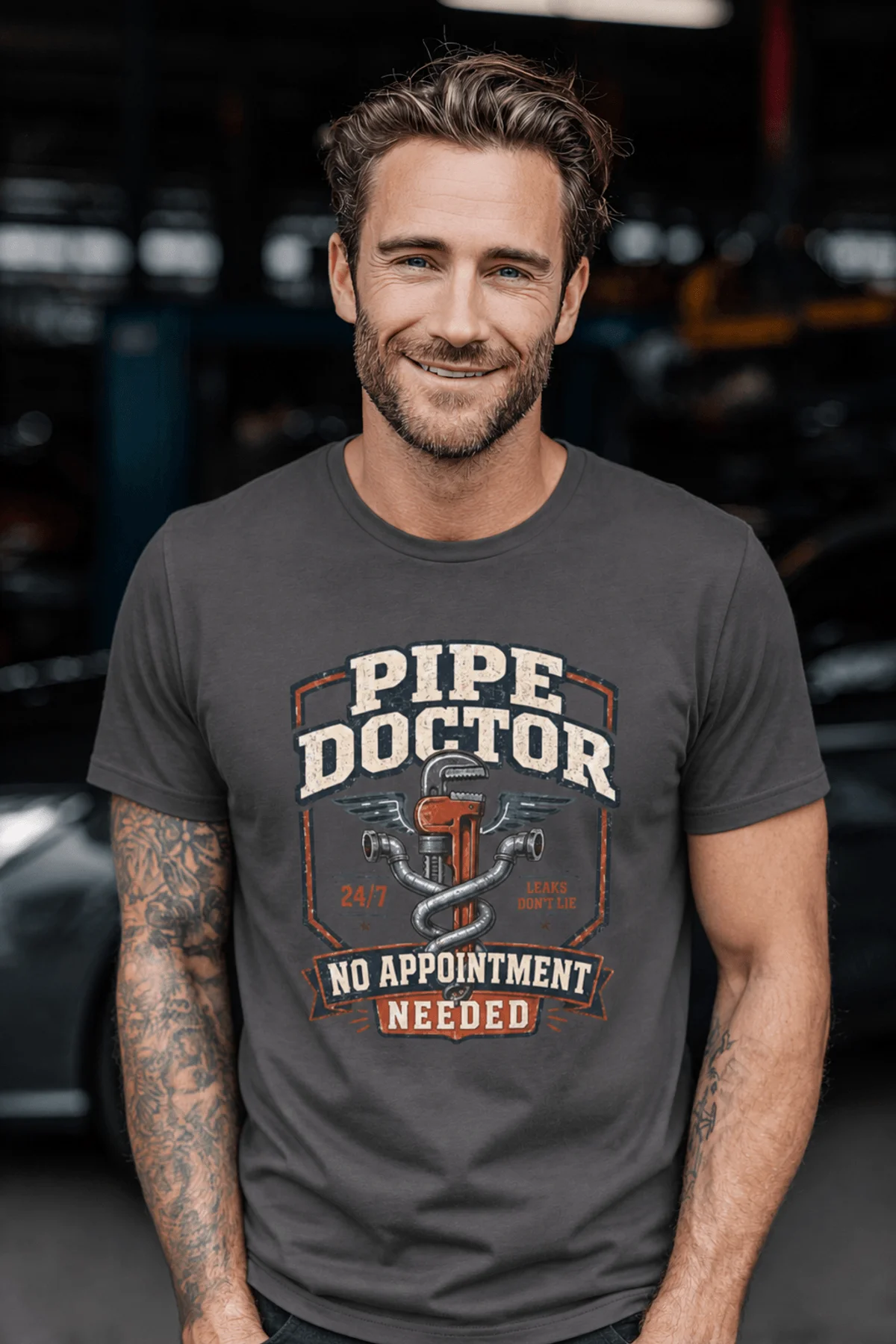 Plumber T-Shirt — "Pipe Doctor. No Appointment Needed" Vintage Work Shirt — graphite — Model Plumber T-Shirt — "Pipe Doctor. No Appointment Needed" Vintage Work Shirt — graphite t-shirt, model photo | Pressure Tested Co
