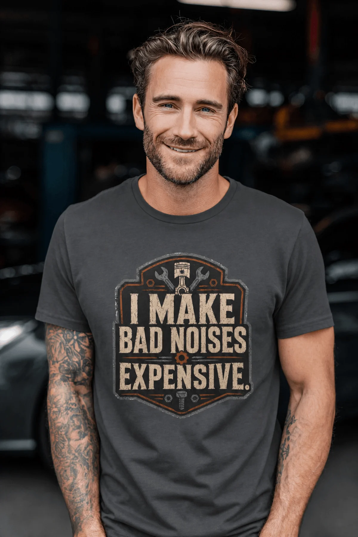 Funny Mechanic Tee - "I Make Bad Noises Expensive" Technician Worker/ Mechanic / Gearhead Tee — graphite t-shirt, model photo | Pressure Tested Co