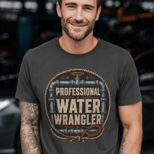 Funny Plumber Tee - "Professional Water Wrangler" Rustic Rope Graphic T-Shirt — graphite t-shirt, model photo | Pressure Tested Co