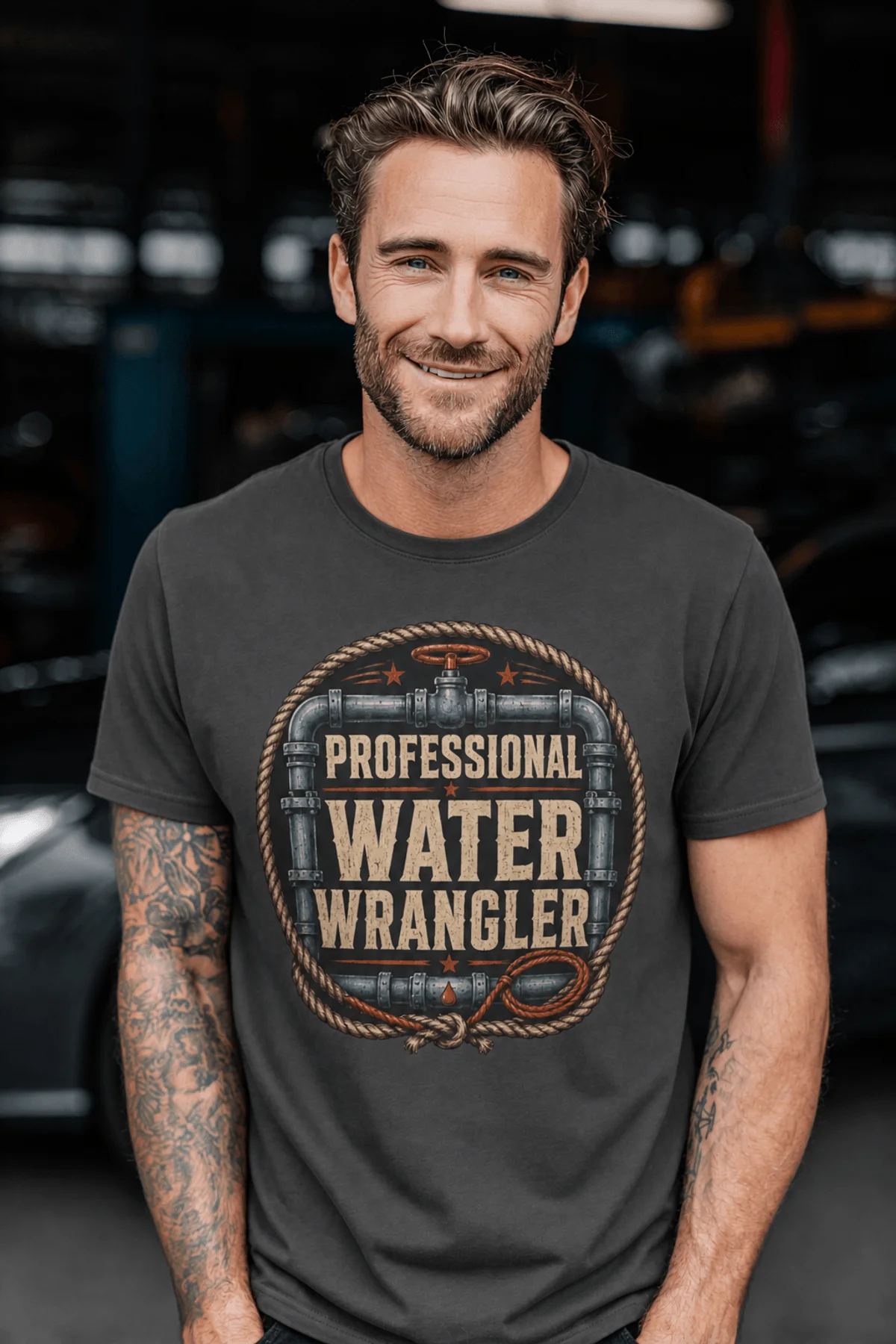 Funny Plumber Tee - "Professional Water Wrangler" Rustic Rope Graphic T-Shirt — graphite t-shirt, model photo | Pressure Tested Co