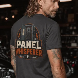 Funny Electrician Tee - "Panel Whisperer" Electrical Worker T-Shirt — graphite t-shirt, model photo | Pressure Tested Co