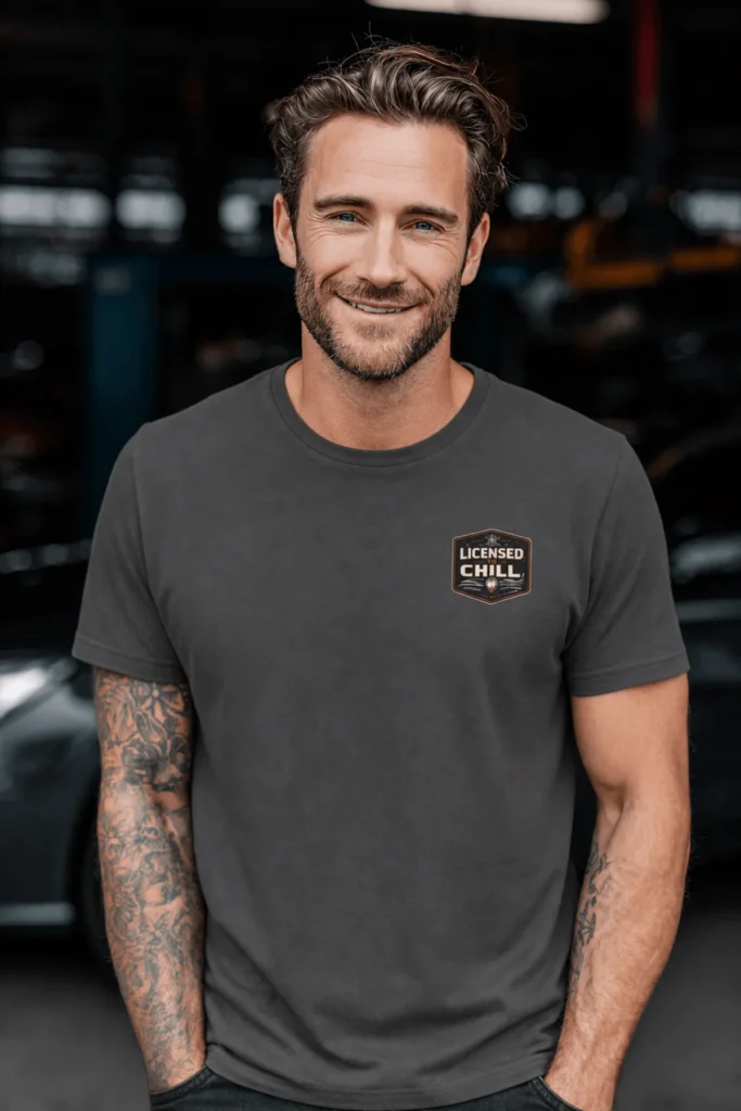 Funny HVAC Tee - "Licensed To Chill" HVAC Technician T-Shirt — graphite t-shirt, model photo | Pressure Tested Co
