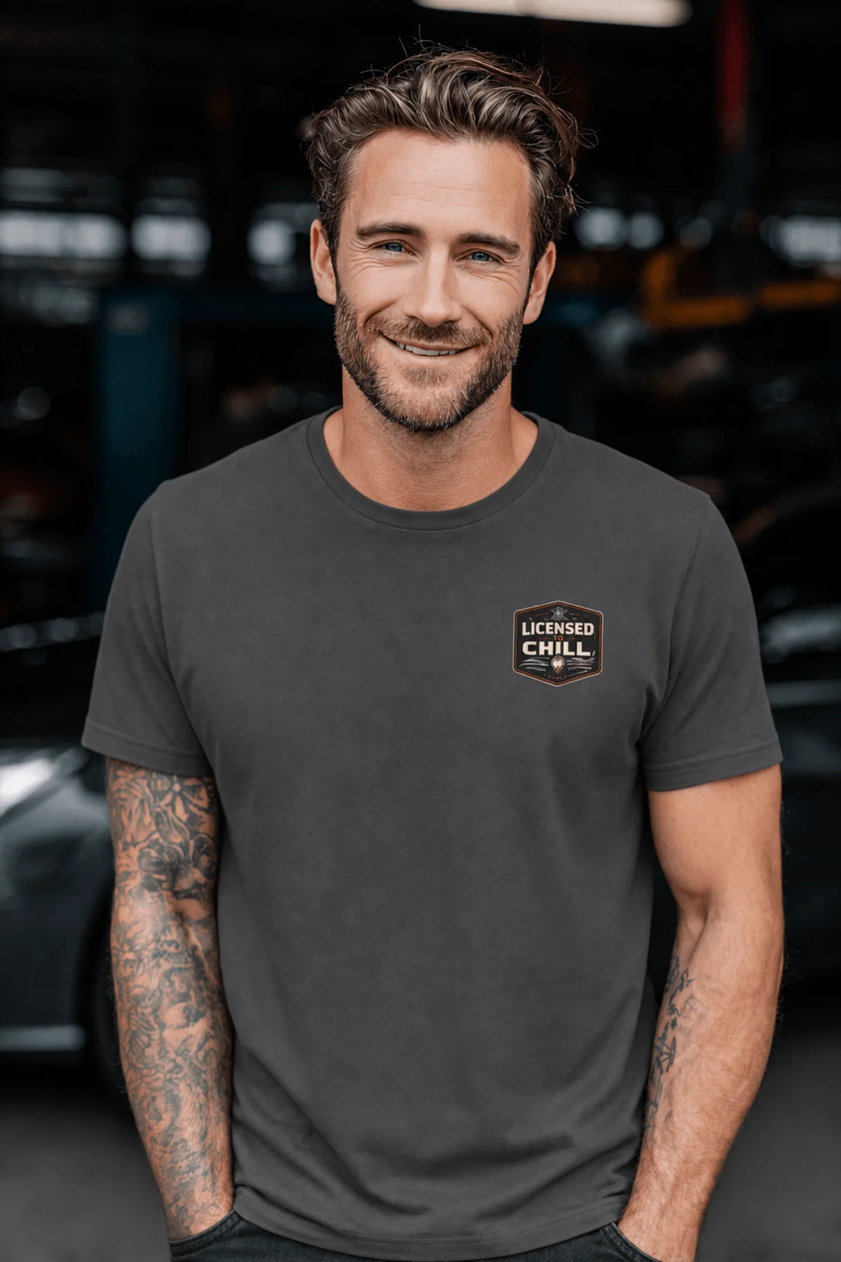 Funny HVAC Tee - "Licensed To Chill" HVAC Technician T-Shirt — graphite t-shirt, model photo | Pressure Tested Co