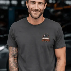 Funny Electrician Tee - "Panel Whisperer" Electrical Worker T-Shirt — graphite t-shirt, model photo | Pressure Tested Co