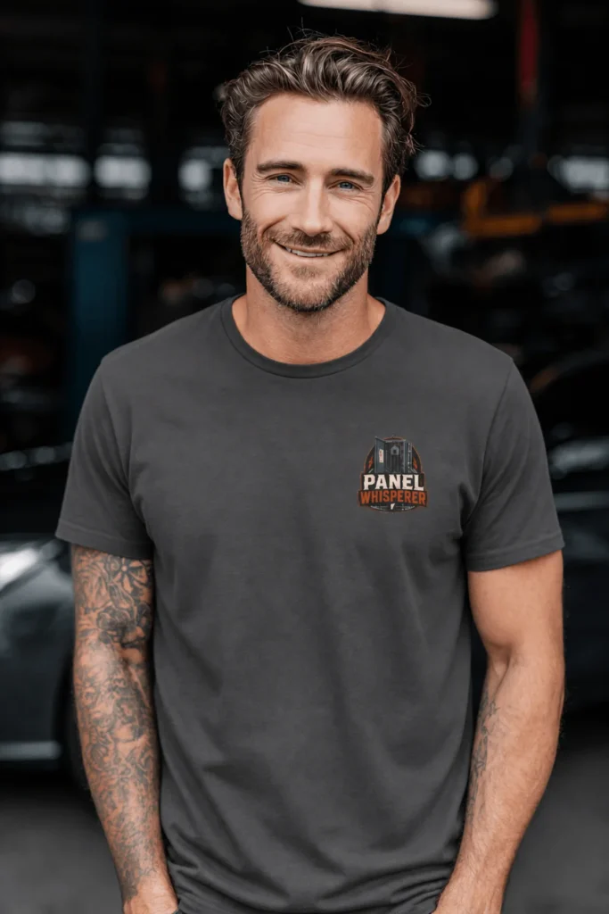 Funny Electrician Tee - "Panel Whisperer" Electrical Worker T-Shirt — graphite t-shirt, model photo | Pressure Tested Co