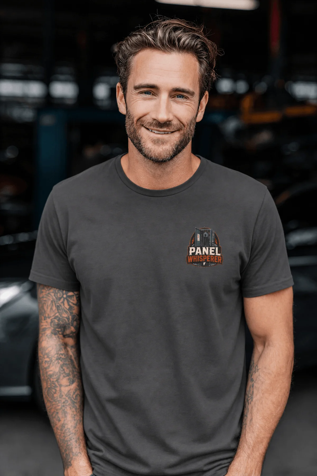 Funny Electrician Tee - "Panel Whisperer" Electrical Worker T-Shirt — graphite t-shirt, model photo | Pressure Tested Co