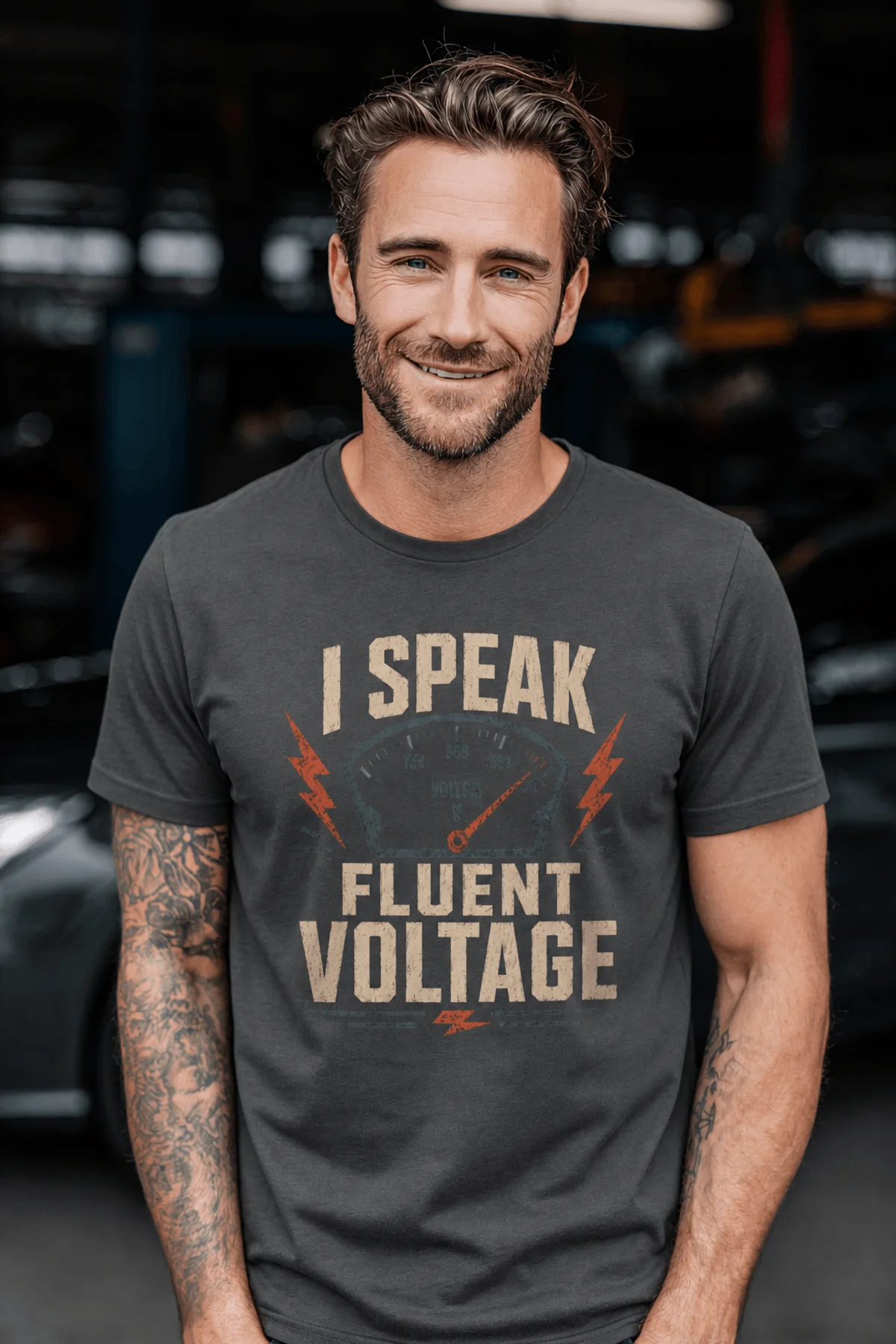 I Speak Fluent Voltage T-Shirt — Electrician & Electronics Tech Gift — graphite t-shirt, model photo | Pressure Tested Co
