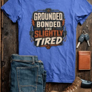 Grounded, Bonded and Slightly Tired Graphic Tee — Funny Electrical Worker Shirt — heather-columbia-blue t-shirt, flat-lay product photo | Pressure Tested Co