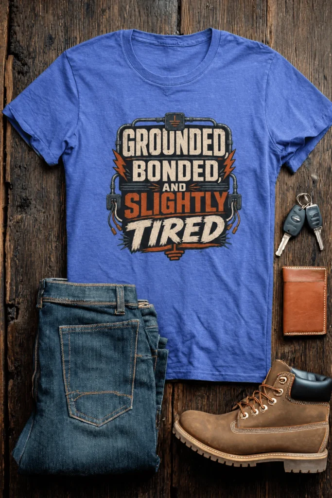Grounded, Bonded and Slightly Tired Graphic Tee — Funny Electrical Worker Shirt — heather-columbia-blue t-shirt, flat-lay product photo | Pressure Tested Co