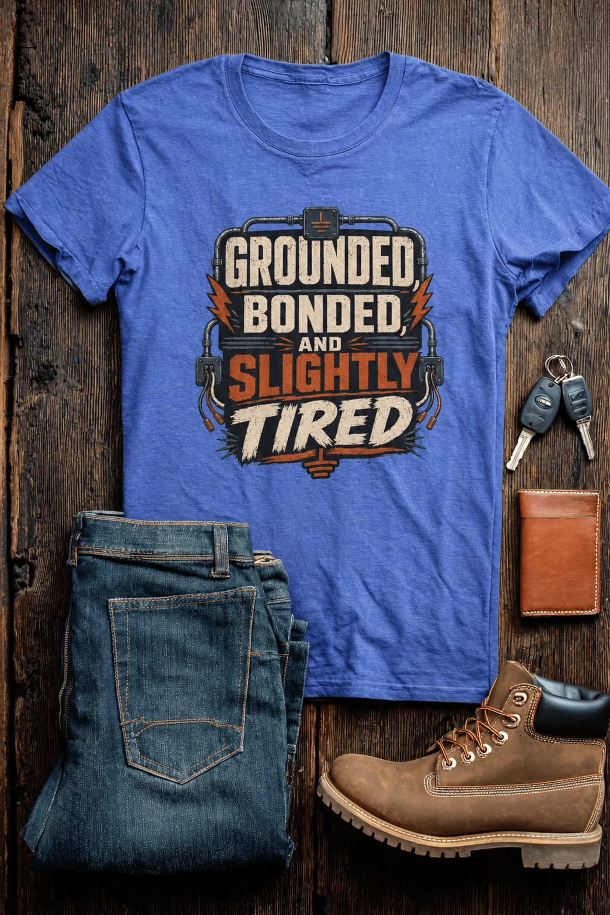 Grounded, Bonded and Slightly Tired Graphic Tee — Funny Electrical Worker Shirt — heather-columbia-blue t-shirt, flat-lay product photo | Pressure Tested Co
