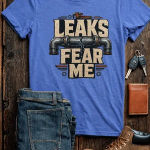 Leaks Fear Me T-Shirt - Funny Plumber Pipes Tee — heather-columbia-blue t-shirt, flat-lay product photo | Pressure Tested Co