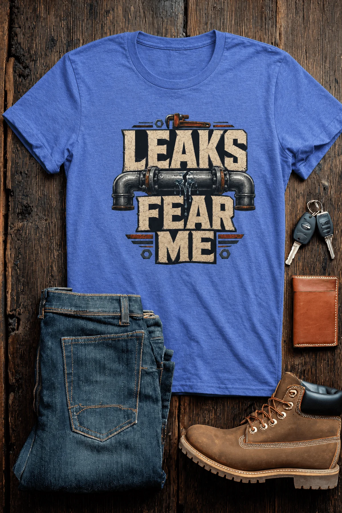 Leaks Fear Me T-Shirt - Funny Plumber Pipes Tee — heather-columbia-blue t-shirt, flat-lay product photo | Pressure Tested Co