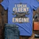 I Speak Fluent Engine T-Shirt — Mechanic Wrench Vintage Auto Repair Tee — heather-columbia-blue — Flat-lay I Speak Fluent Engine T-Shirt — Mechanic Wrench Vintage Auto Repair Tee — heather-columbia-blue t-shirt, flat-lay product photo | Pressure Tested Co