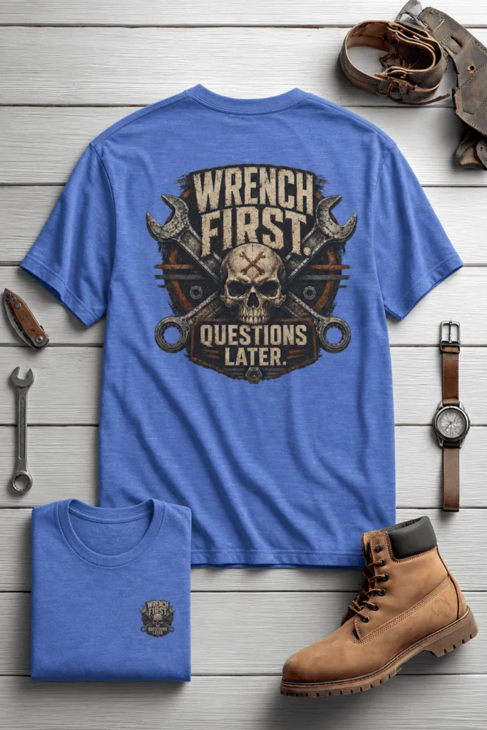 Wrench First Tee — "Wrench First, Questions Later" Mechanic Skull T-Shirt — heather-columbia-blue t-shirt, flat-lay product photo | Pressure Tested Co