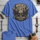 Wrench First Tee — "Wrench First, Questions Later" Mechanic Skull T-Shirt — heather-columbia-blue t-shirt, flat-lay product photo | Pressure Tested Co