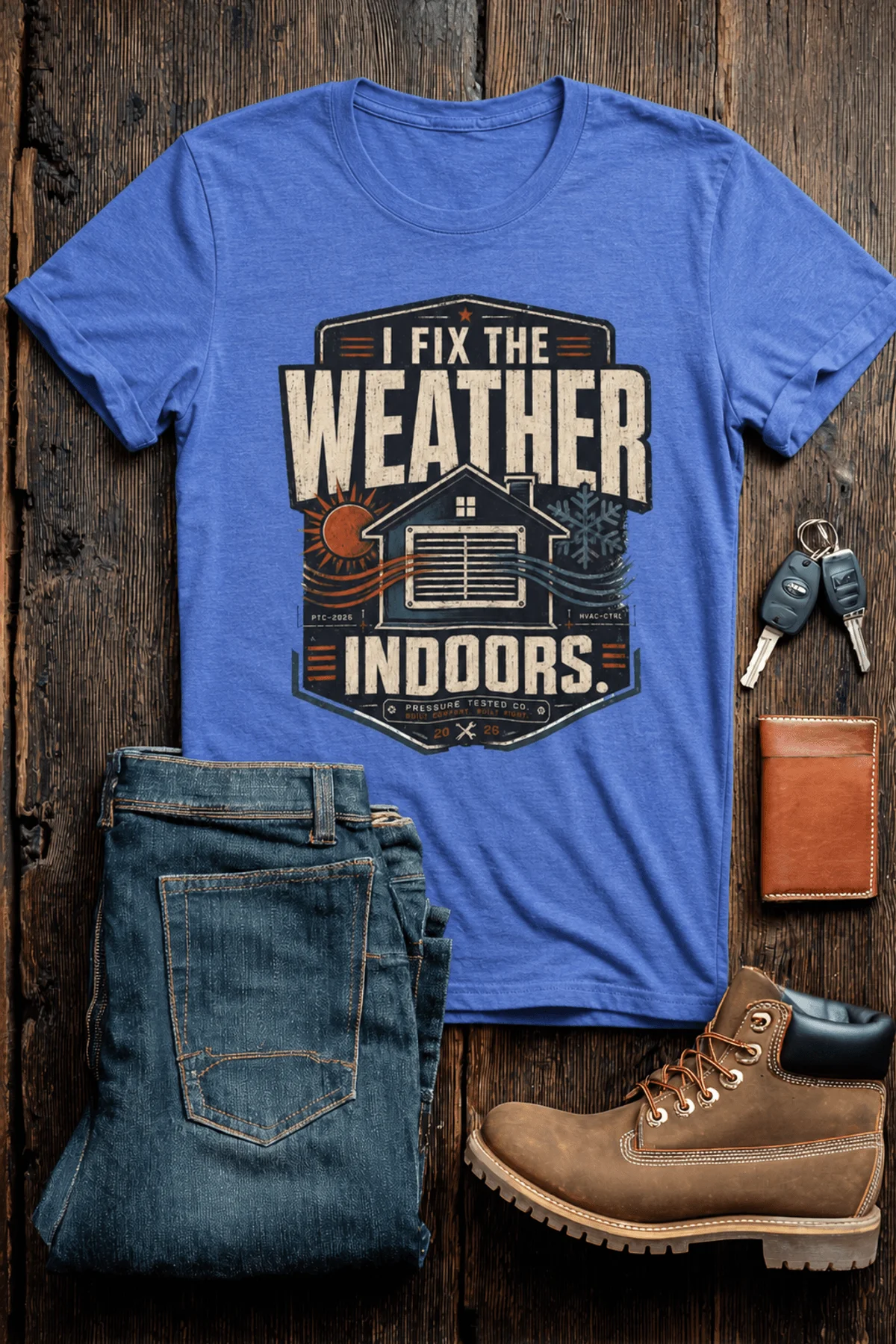 Funny HVAC Technician Tee - “I Fix The Weather Indoors.” Cooling/Furnace Shop Work Shirt — heather-columbia-blue — Flat-lay Funny HVAC Technician Tee - “I Fix The Weather Indoors.” Cooling/Furnace Shop Work Shirt — heather-columbia-blue t-shirt, flat-lay product photo | Pressure Tested Co