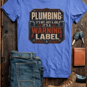 Plumbing Warning Label T-Shirt — Funny Plumber Shirt — heather-columbia-blue t-shirt, flat-lay product photo | Pressure Tested Co