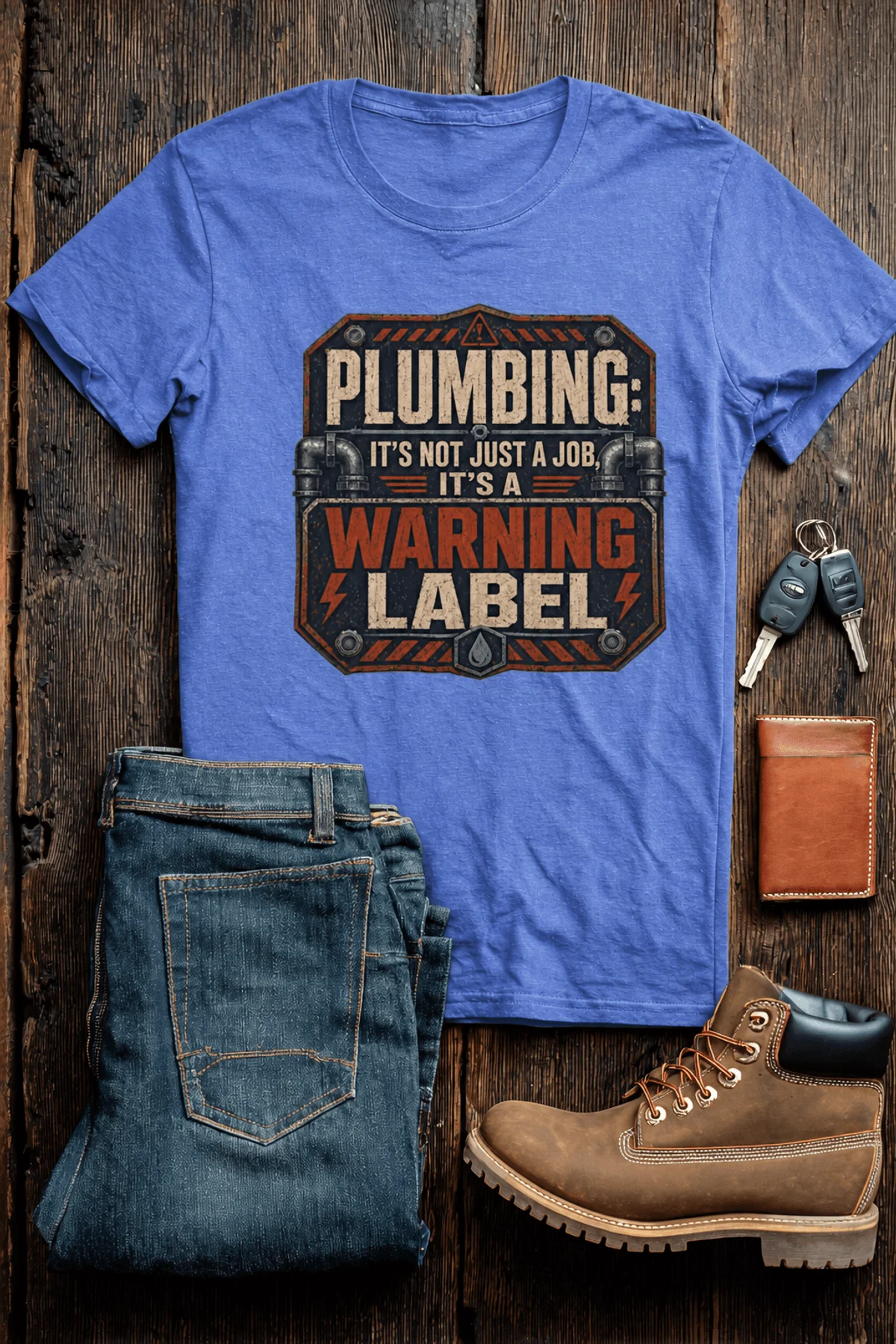 Plumbing Warning Label T-Shirt — Funny Plumber Shirt — heather-columbia-blue t-shirt, flat-lay product photo | Pressure Tested Co