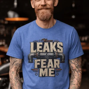 Leaks Fear Me T-Shirt - Funny Plumber Pipes Tee — heather-columbia-blue t-shirt, model photo | Pressure Tested Co