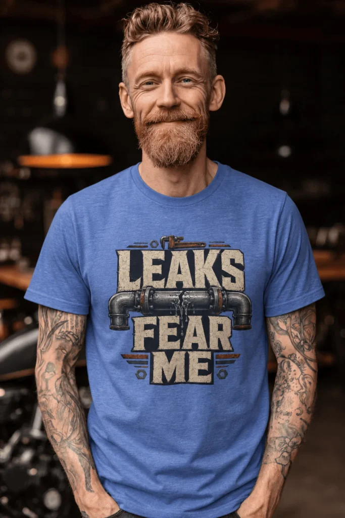Leaks Fear Me T-Shirt - Funny Plumber Pipes Tee — heather-columbia-blue t-shirt, model photo | Pressure Tested Co
