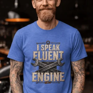 I Speak Fluent Engine T-Shirt — Mechanic Wrench Vintage Auto Repair Tee — heather-columbia-blue t-shirt, model photo | Pressure Tested Co