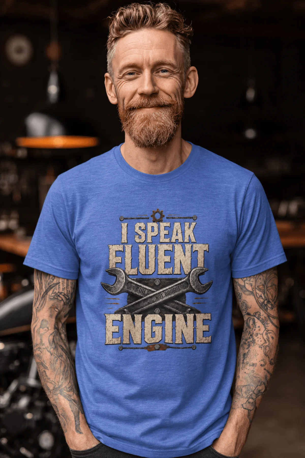 I Speak Fluent Engine T-Shirt — Mechanic Wrench Vintage Auto Repair Tee — heather-columbia-blue — Model I Speak Fluent Engine T-Shirt — Mechanic Wrench Vintage Auto Repair Tee — heather-columbia-blue t-shirt, model photo | Pressure Tested Co