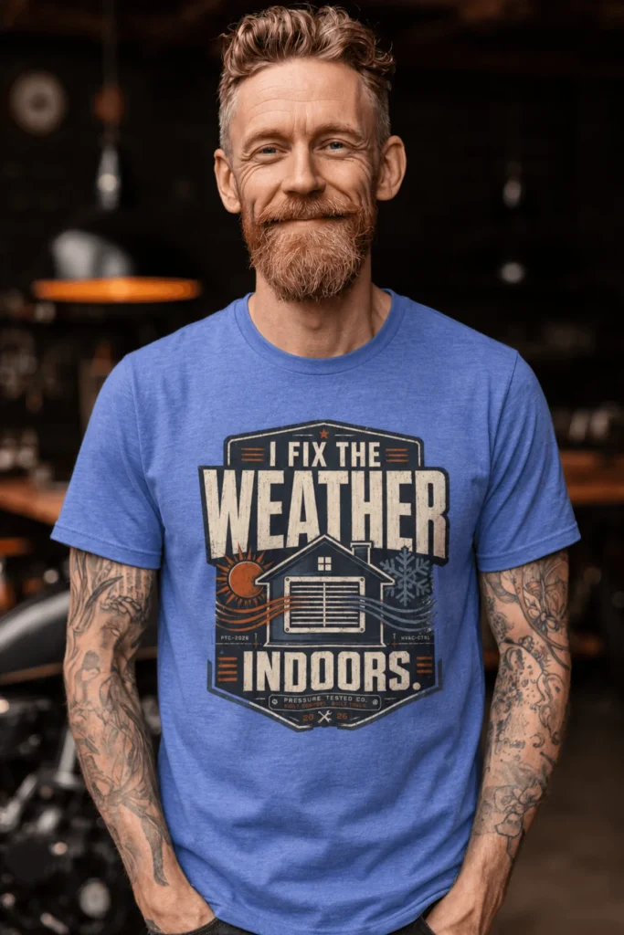 Funny HVAC Technician Tee - “I Fix The Weather Indoors.” Cooling/Furnace Shop Work Shirt — heather-columbia-blue t-shirt, model photo | Pressure Tested Co
