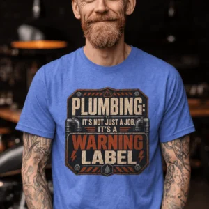 Plumbing Warning Label T-Shirt — Funny Plumber Shirt — heather-columbia-blue t-shirt, model photo | Pressure Tested Co