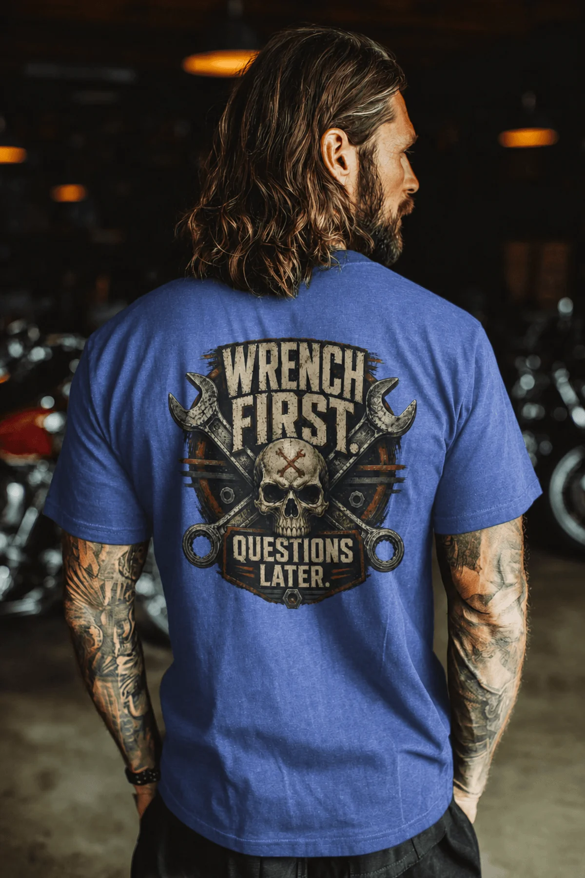 Wrench First Tee — "Wrench First, Questions Later" Mechanic Skull T-Shirt — heather-columbia-blue t-shirt, model photo | Pressure Tested Co