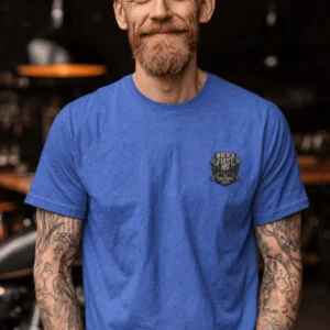 Wrench First Tee — "Wrench First, Questions Later" Mechanic Skull T-Shirt — heather-columbia-blue t-shirt, model photo | Pressure Tested Co