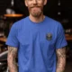 Wrench First Tee — "Wrench First, Questions Later" Mechanic Skull T-Shirt — heather-columbia-blue t-shirt, model photo | Pressure Tested Co