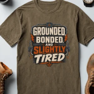 Grounded, Bonded and Slightly Tired Graphic Tee — Funny Electrical Worker Shirt — heather-olive t-shirt, flat-lay product photo | Pressure Tested Co