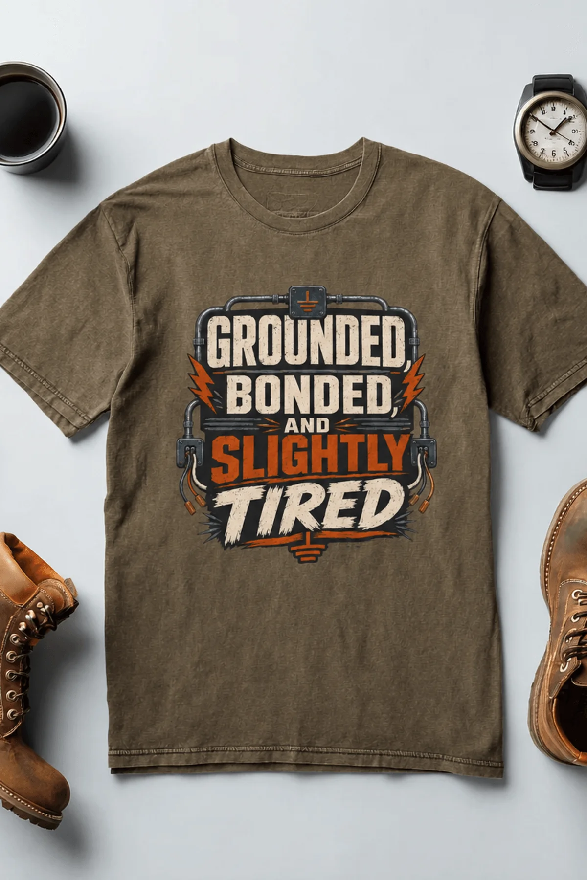 Grounded, Bonded and Slightly Tired Graphic Tee — Funny Electrical Worker Shirt — heather-olive t-shirt, flat-lay product photo | Pressure Tested Co