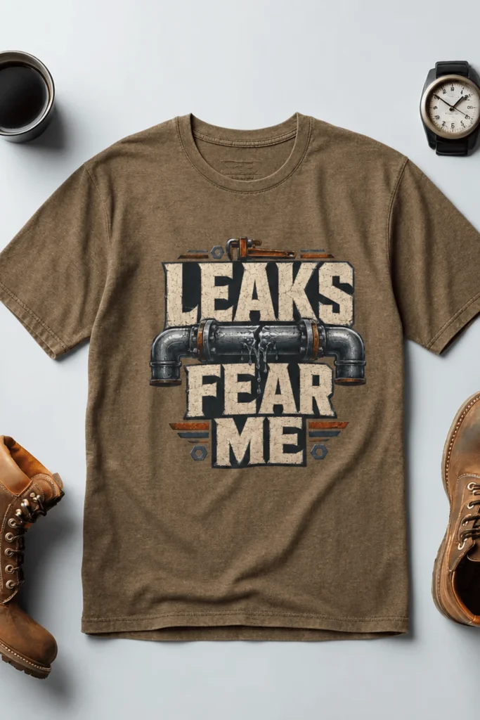 Leaks Fear Me T-Shirt - Funny Plumber Pipes Tee — heather-olive t-shirt, flat-lay product photo | Pressure Tested Co