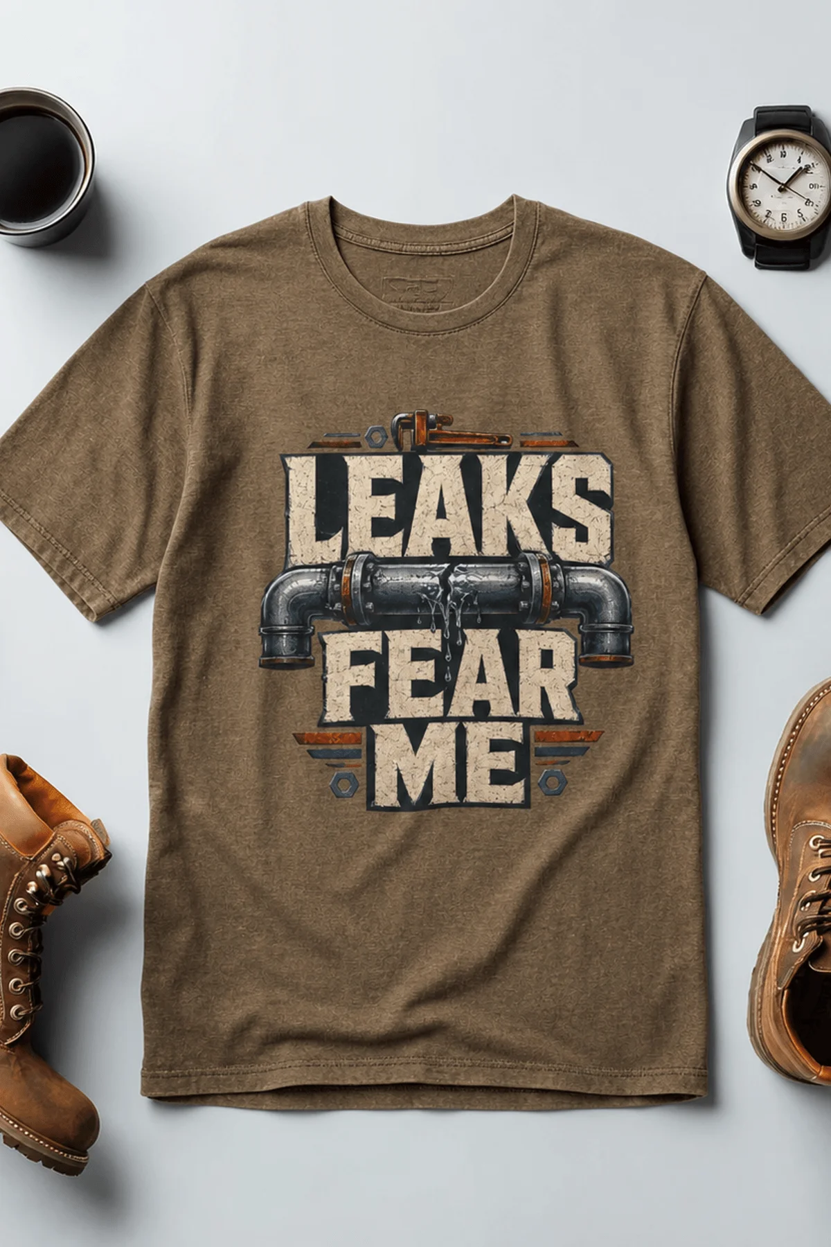 Leaks Fear Me T-Shirt - Funny Plumber Pipes Tee — heather-olive t-shirt, flat-lay product photo | Pressure Tested Co