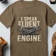 I Speak Fluent Engine T-Shirt — Mechanic Wrench Vintage Auto Repair Tee — heather-olive — Flat-lay I Speak Fluent Engine T-Shirt — Mechanic Wrench Vintage Auto Repair Tee — heather-olive t-shirt, flat-lay product photo | Pressure Tested Co