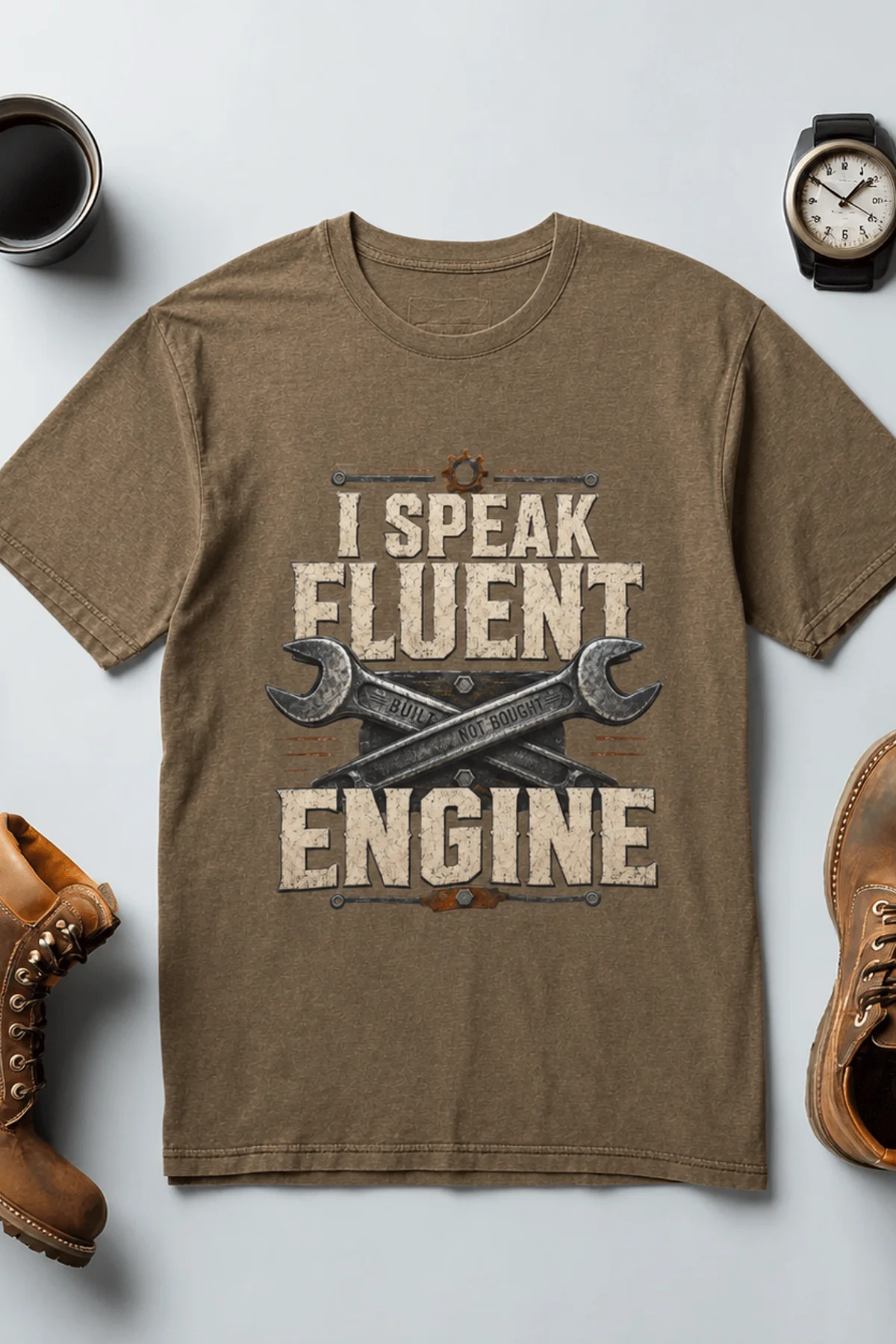 I Speak Fluent Engine T-Shirt — Mechanic Wrench Vintage Auto Repair Tee — heather-olive — Flat-lay I Speak Fluent Engine T-Shirt — Mechanic Wrench Vintage Auto Repair Tee — heather-olive t-shirt, flat-lay product photo | Pressure Tested Co